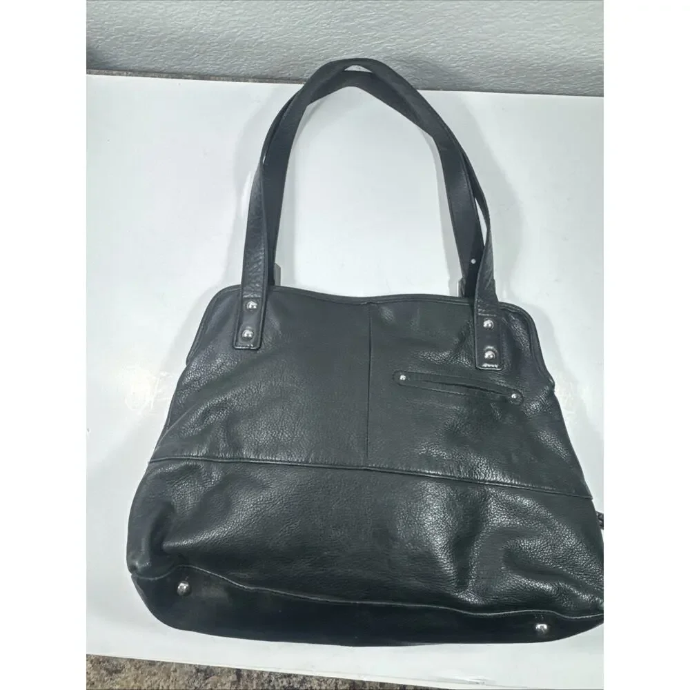 B Makowsky Large Hobo Bag Black Genuine Leather 2 Strap Silver Zipper Studs Moto